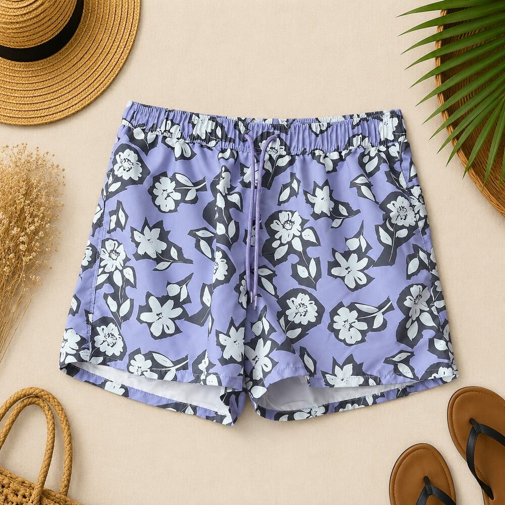 ASOS DESIGN Floral Print Swim Shorts Purple White Elastic Waist Men's Size M